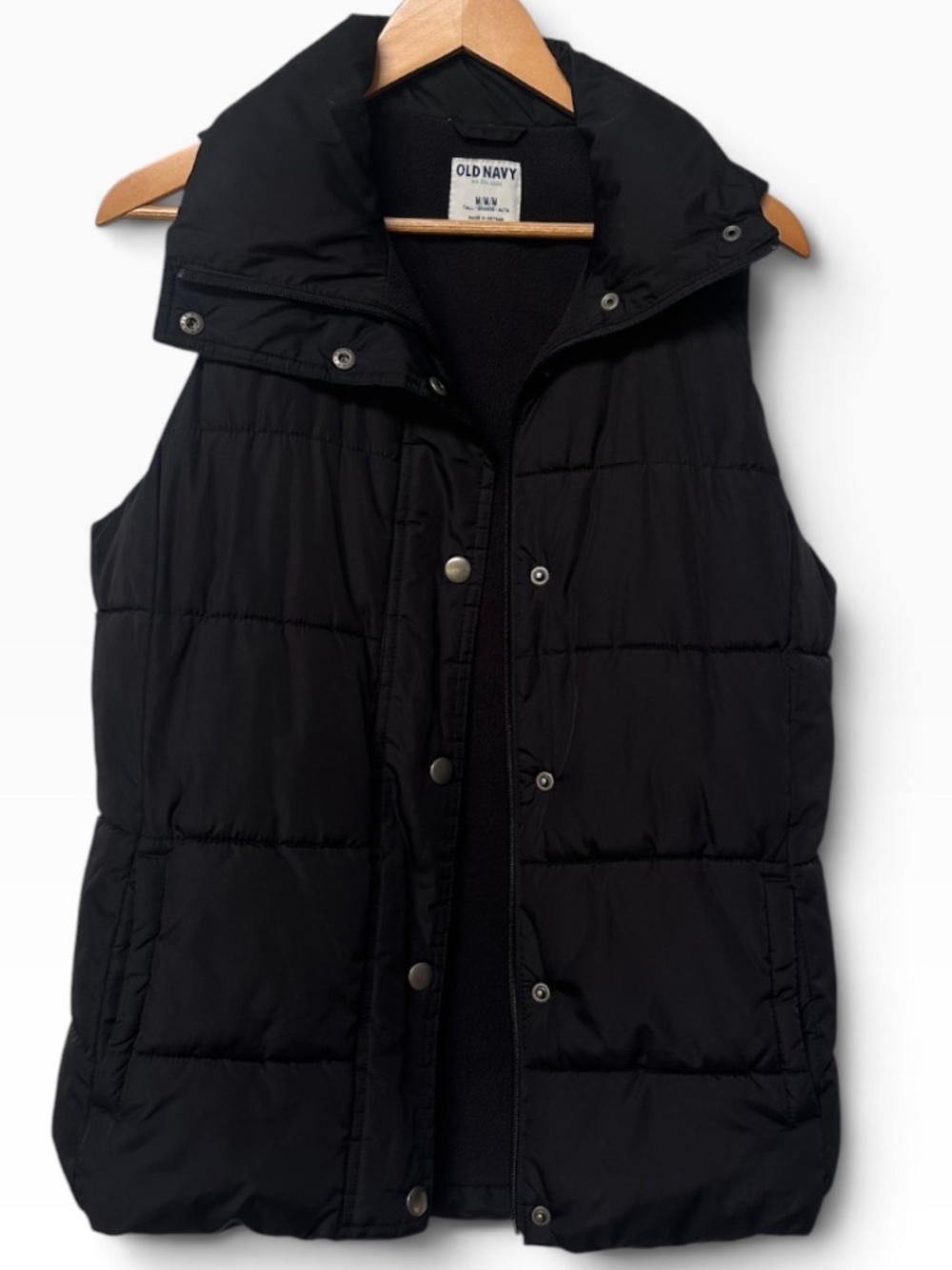 Old Navy Black Fleece Lined Puffer Vest Medium Tall Snap Front High Collar